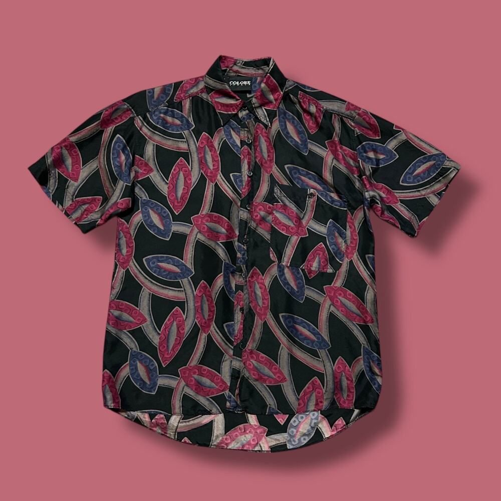 Vintage 80s Silk Shirt Abstract Print Button Up Colorful Art Italy Small Baggy